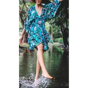 FIGUE Malia Mini Dress M Floral Print Flouncy Boho Deep V-neck Kimono Sleeve New